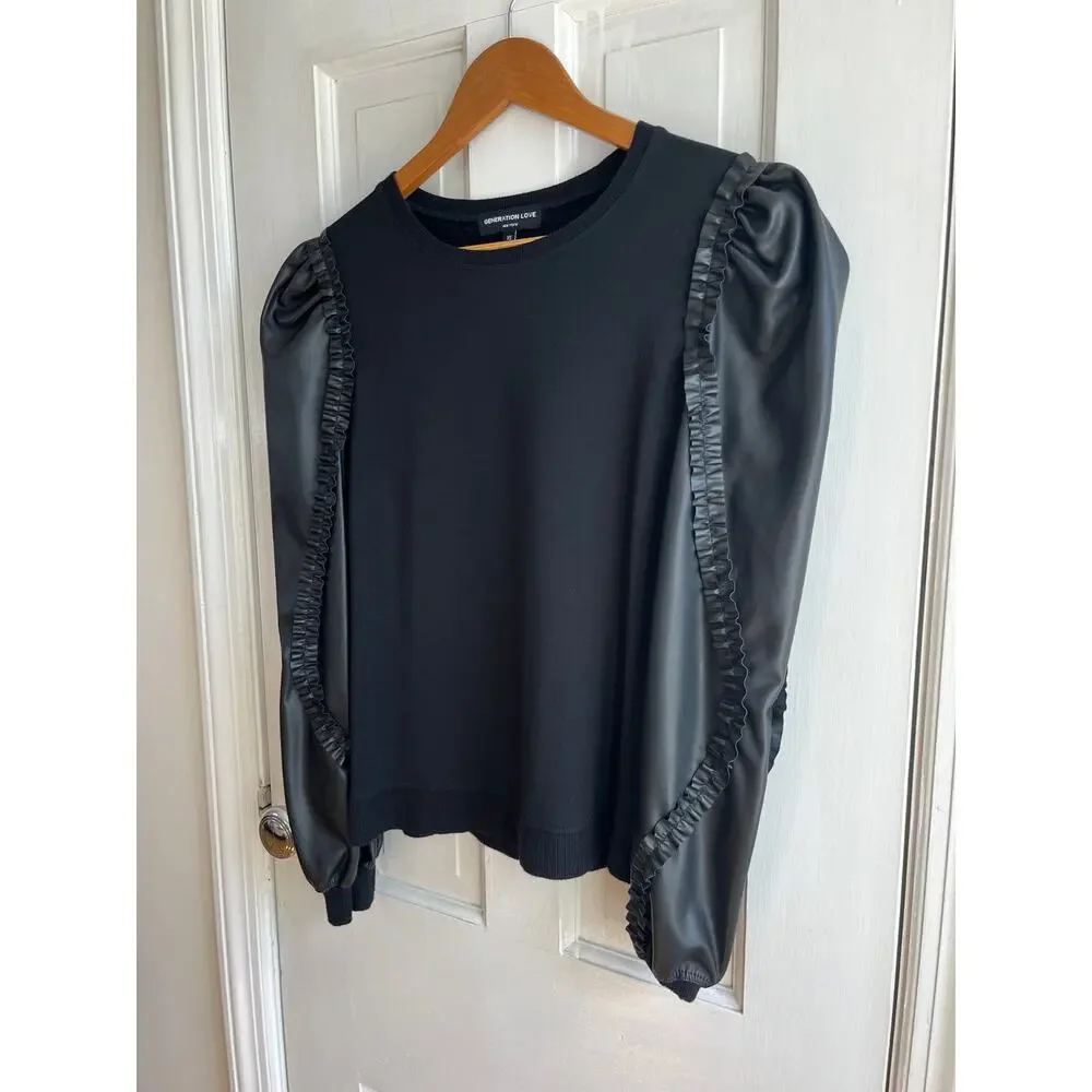 Generation Love Georgia SOFT Faux Leather Sleeve Top - Solid Black - Size XS - Picture 4 of 9